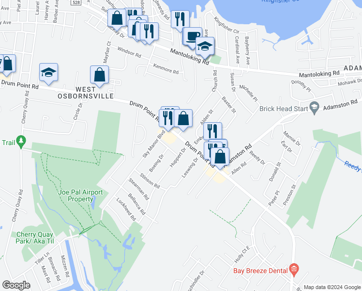 map of restaurants, bars, coffee shops, grocery stores, and more near 337 Drum Point Road in Brick