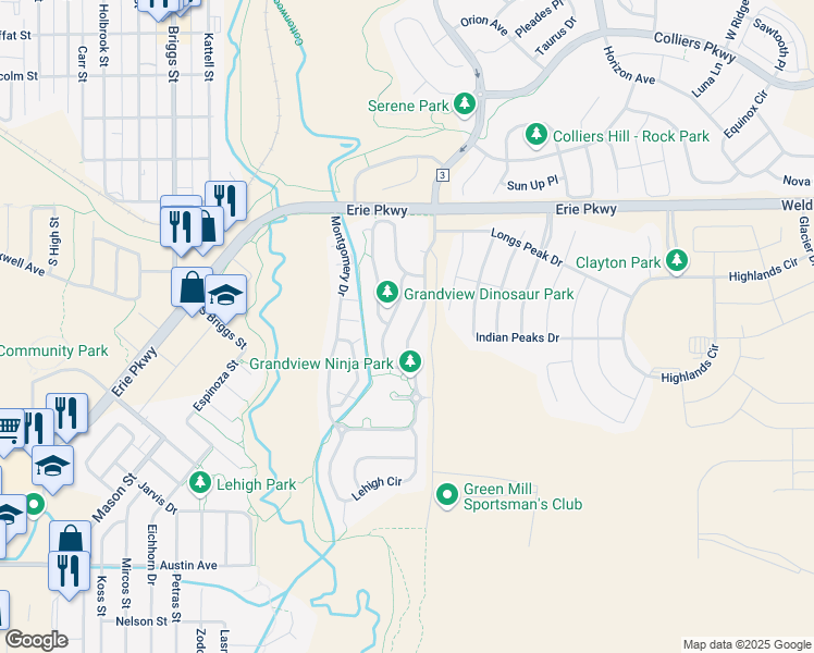 map of restaurants, bars, coffee shops, grocery stores, and more near 240 Bonanza Drive in Erie