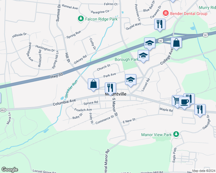 map of restaurants, bars, coffee shops, grocery stores, and more near 28 West Hoover Street in Mountville