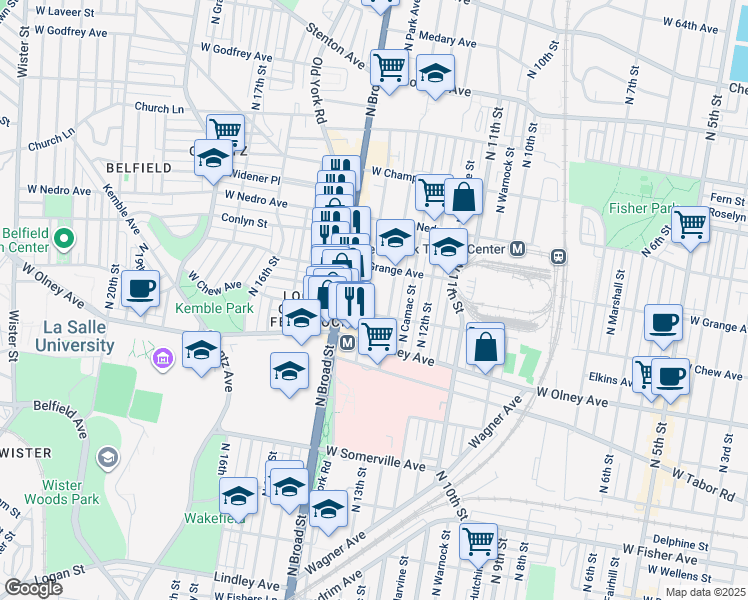 map of restaurants, bars, coffee shops, grocery stores, and more near 5711 North Park Avenue in Philadelphia