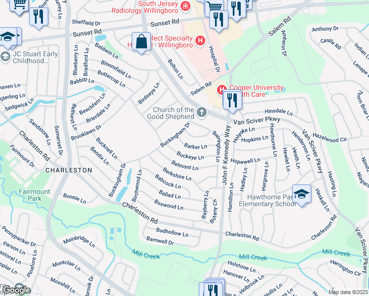 map of restaurants, bars, coffee shops, grocery stores, and more near 34 Buckeye Lane in Willingboro