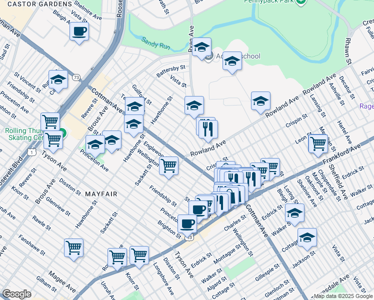 map of restaurants, bars, coffee shops, grocery stores, and more near 3254 Teesdale Street in Philadelphia