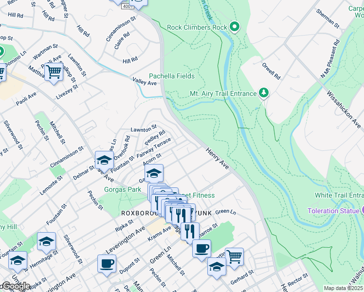 map of restaurants, bars, coffee shops, grocery stores, and more near 615 Acorn Street in Philadelphia