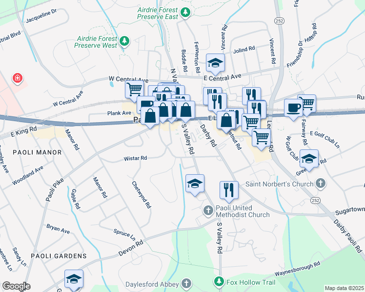 map of restaurants, bars, coffee shops, grocery stores, and more near 50 South Valley Road in Paoli