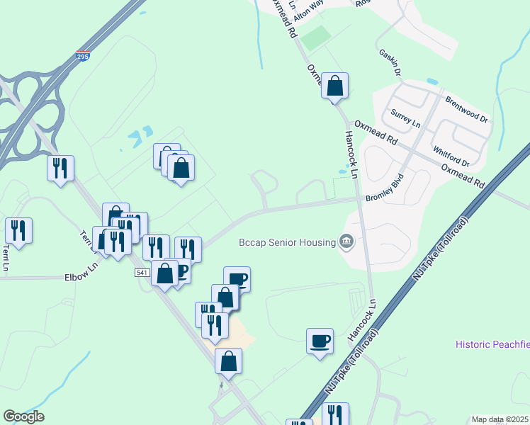 map of restaurants, bars, coffee shops, grocery stores, and more near 460 Bromley Boulevard in Burlington