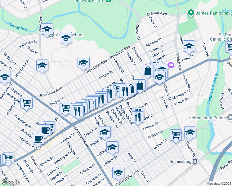 map of restaurants, bars, coffee shops, grocery stores, and more near 3541 Chippendale Street in Philadelphia