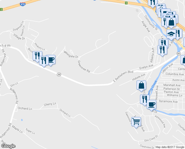 map of restaurants, bars, coffee shops, grocery stores, and more near 29 Greentree Road in Wheeling