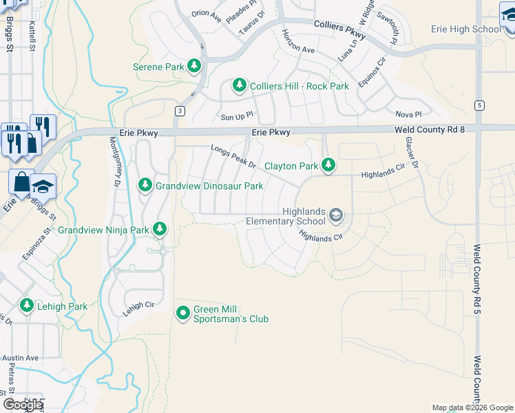 map of restaurants, bars, coffee shops, grocery stores, and more near 303 Painted Horse Way in Erie