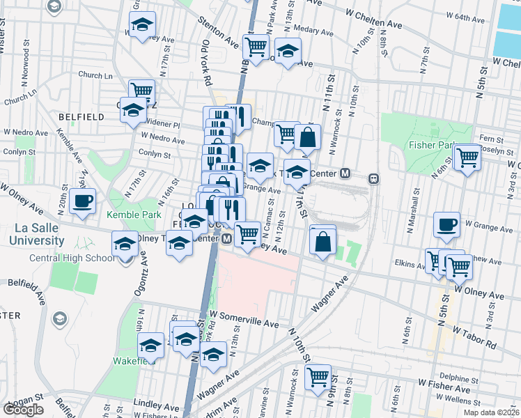 map of restaurants, bars, coffee shops, grocery stores, and more near 5624 North 13th Street in Philadelphia
