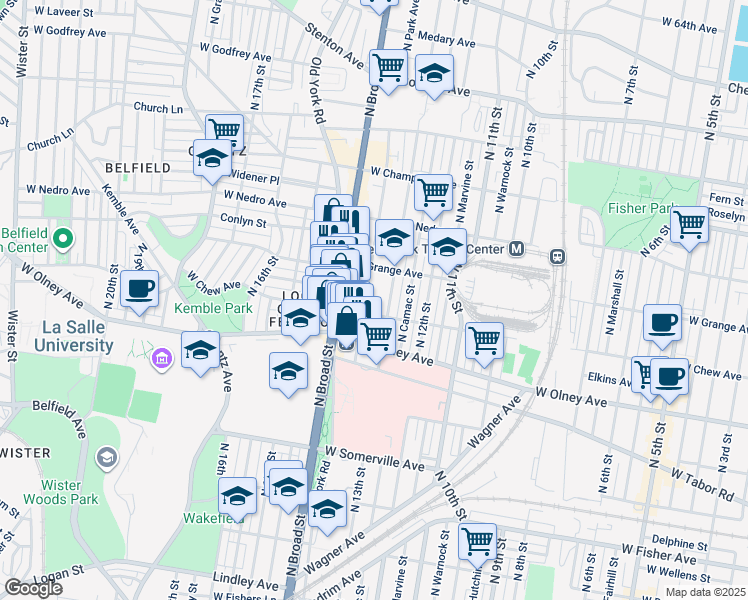 map of restaurants, bars, coffee shops, grocery stores, and more near 5711 North Park Avenue in Philadelphia