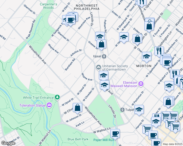 map of restaurants, bars, coffee shops, grocery stores, and more near 6504 Lincoln Drive in Philadelphia