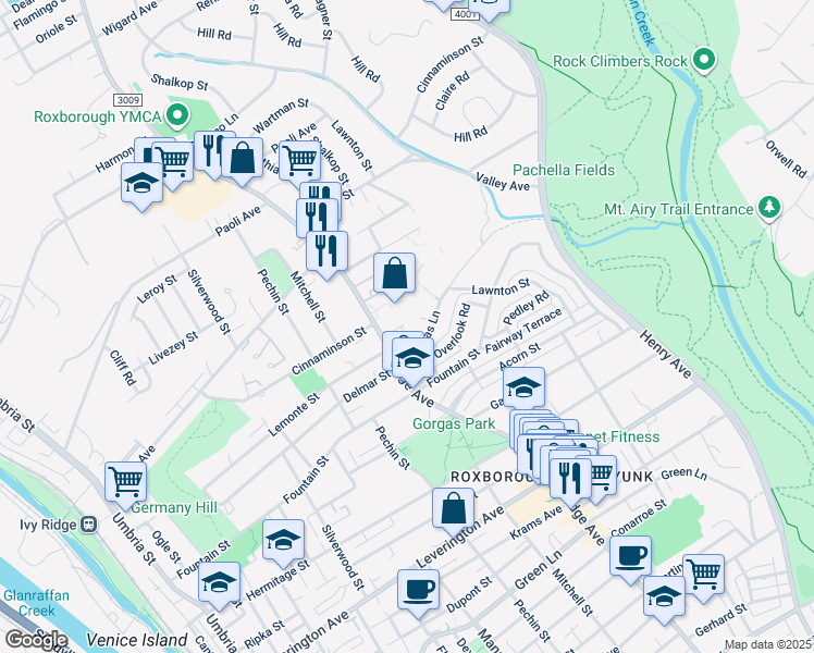 map of restaurants, bars, coffee shops, grocery stores, and more near 6633 Ridge Avenue in Philadelphia