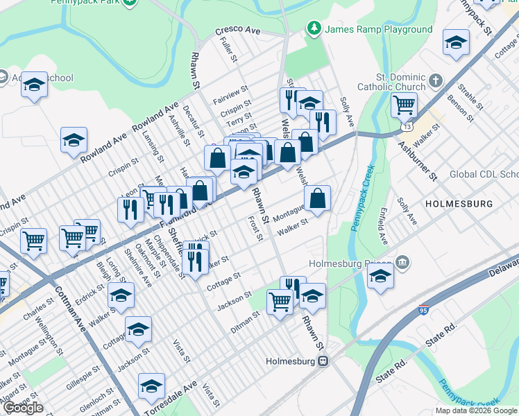 map of restaurants, bars, coffee shops, grocery stores, and more near 4206 Frost Street in Philadelphia