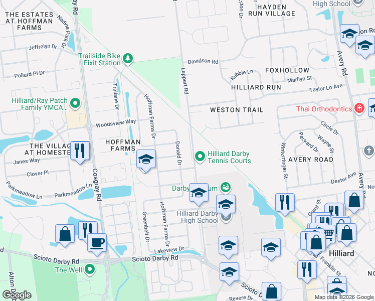 map of restaurants, bars, coffee shops, grocery stores, and more near 4338 Donald Drive in Hilliard