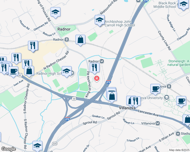 map of restaurants, bars, coffee shops, grocery stores, and more near 145 King of Prussia Road in Wayne