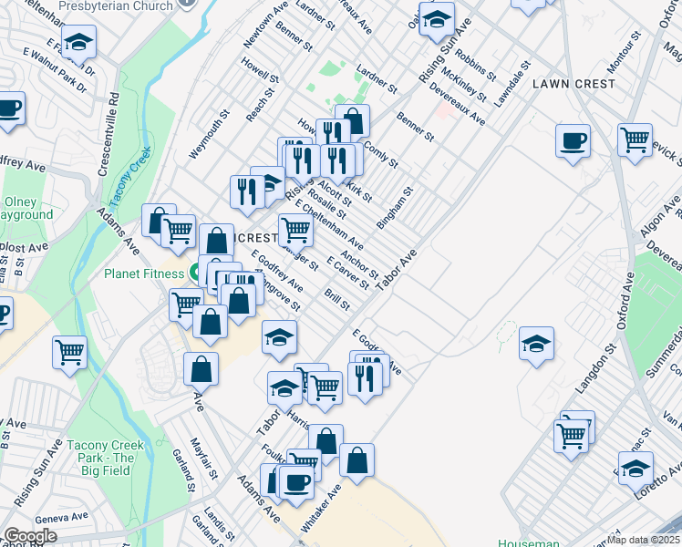 map of restaurants, bars, coffee shops, grocery stores, and more near 604 East Carver Street in Philadelphia