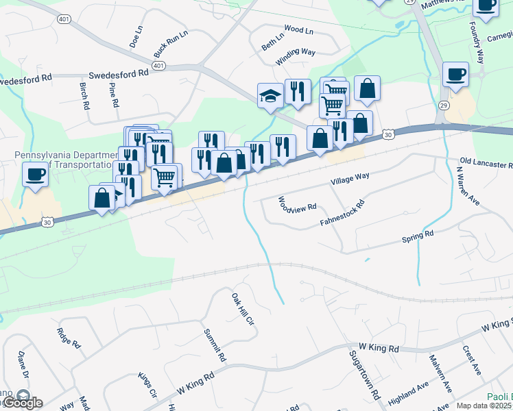 map of restaurants, bars, coffee shops, grocery stores, and more near 92 Village Way in Malvern