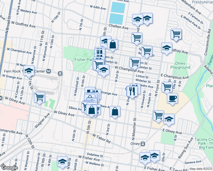 map of restaurants, bars, coffee shops, grocery stores, and more near 5836 North 4th Street in Philadelphia