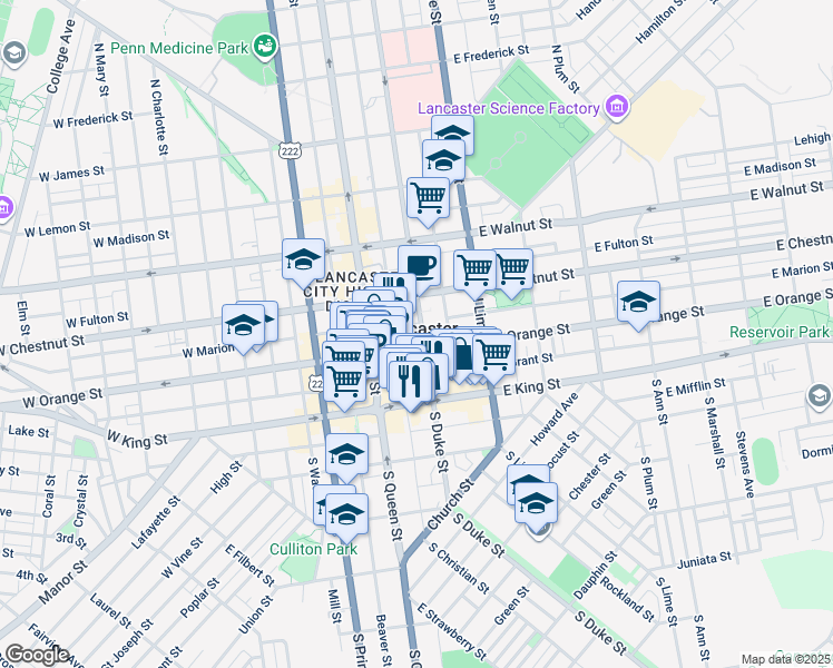 map of restaurants, bars, coffee shops, grocery stores, and more near 110 North Duke Street in Lancaster