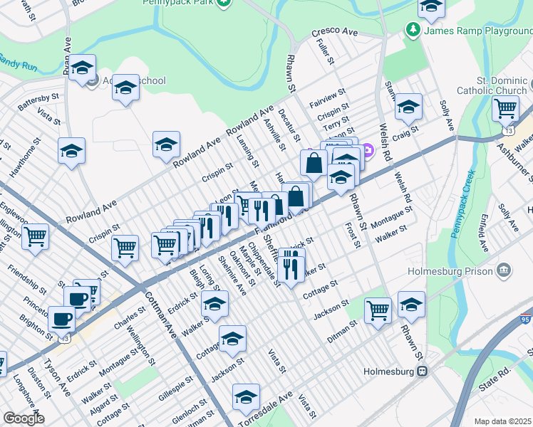 map of restaurants, bars, coffee shops, grocery stores, and more near 3556 Meridian Street in Philadelphia