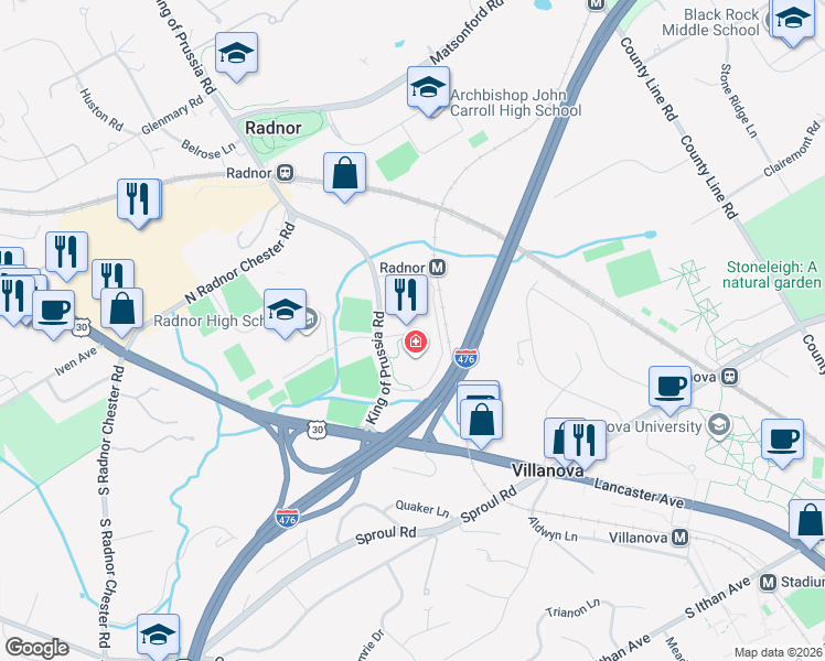 map of restaurants, bars, coffee shops, grocery stores, and more near 145 King of Prussia Road in Wayne