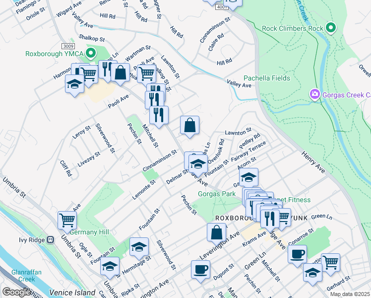 map of restaurants, bars, coffee shops, grocery stores, and more near 6649 Ridge Avenue in Philadelphia