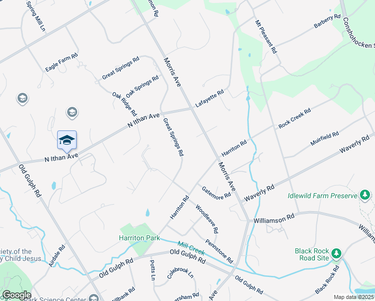 map of restaurants, bars, coffee shops, grocery stores, and more near 715 Great Springs Road in Bryn Mawr