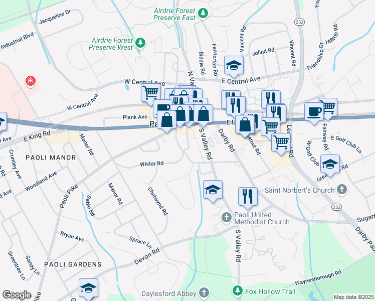 map of restaurants, bars, coffee shops, grocery stores, and more near 31 West Circular Avenue in Paoli