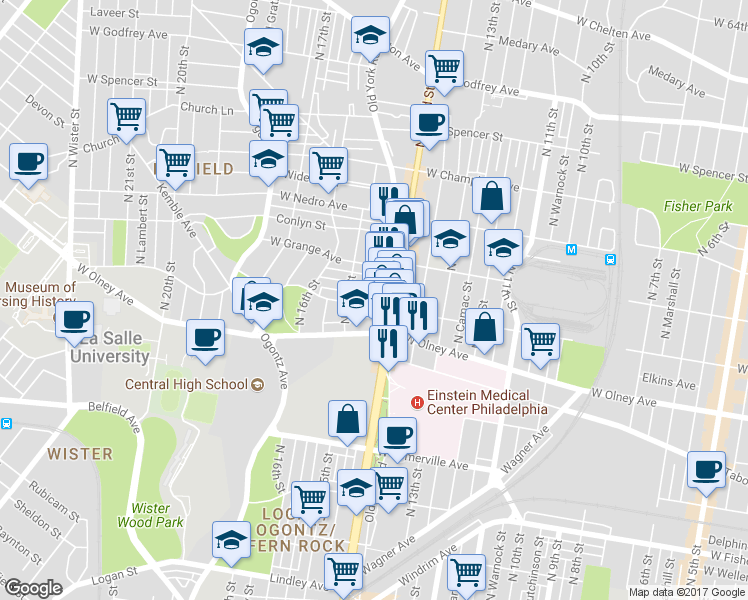 map of restaurants, bars, coffee shops, grocery stores, and more near 1423 West Chew Avenue in Philadelphia
