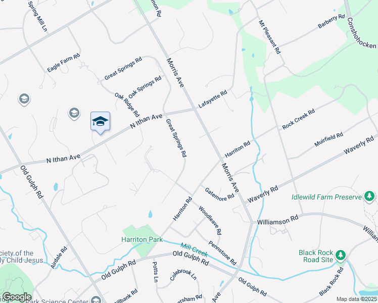 map of restaurants, bars, coffee shops, grocery stores, and more near 715 Great Springs Road in Bryn Mawr