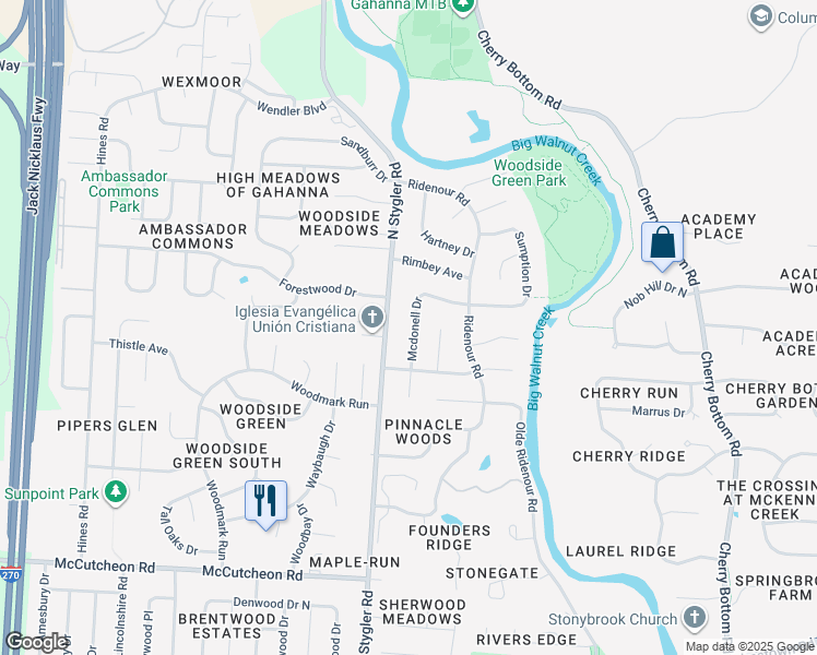 map of restaurants, bars, coffee shops, grocery stores, and more near 815 Mcdonell Drive in Columbus