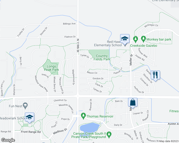 map of restaurants, bars, coffee shops, grocery stores, and more near 1853 Wilson Circle in Erie