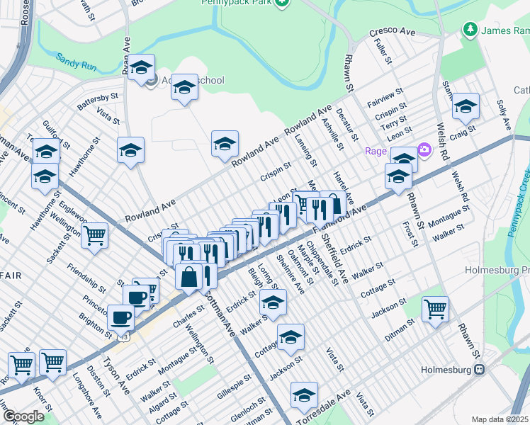 map of restaurants, bars, coffee shops, grocery stores, and more near 3502 Oakmont Street in Philadelphia