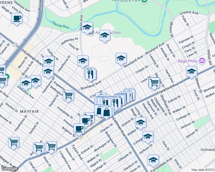 map of restaurants, bars, coffee shops, grocery stores, and more near 3328 Tudor Street in Philadelphia