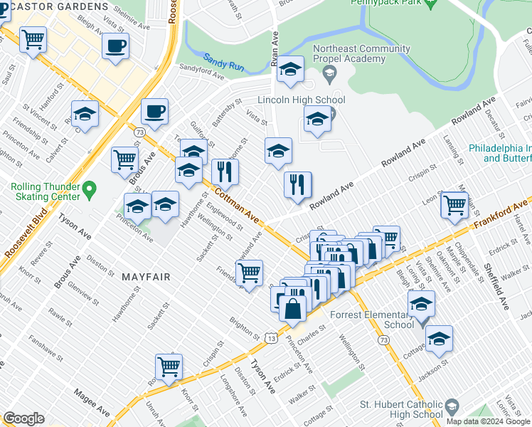 map of restaurants, bars, coffee shops, grocery stores, and more near 3250 Teesdale Street in Philadelphia