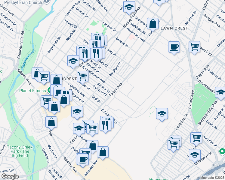 map of restaurants, bars, coffee shops, grocery stores, and more near 646 East Cheltenham Avenue in Philadelphia