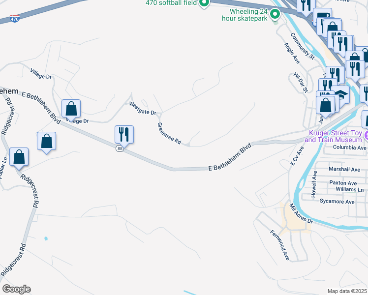 map of restaurants, bars, coffee shops, grocery stores, and more near 27 Greentree Road in Wheeling