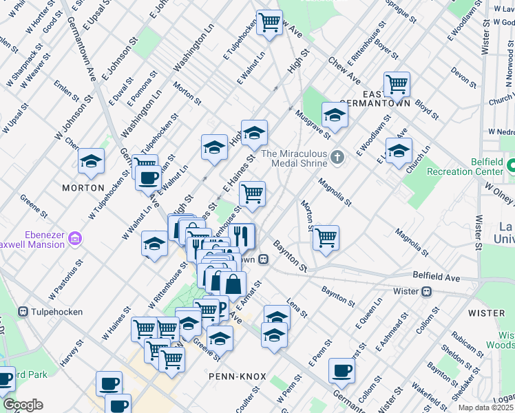 map of restaurants, bars, coffee shops, grocery stores, and more near 321 East Price Street in Philadelphia