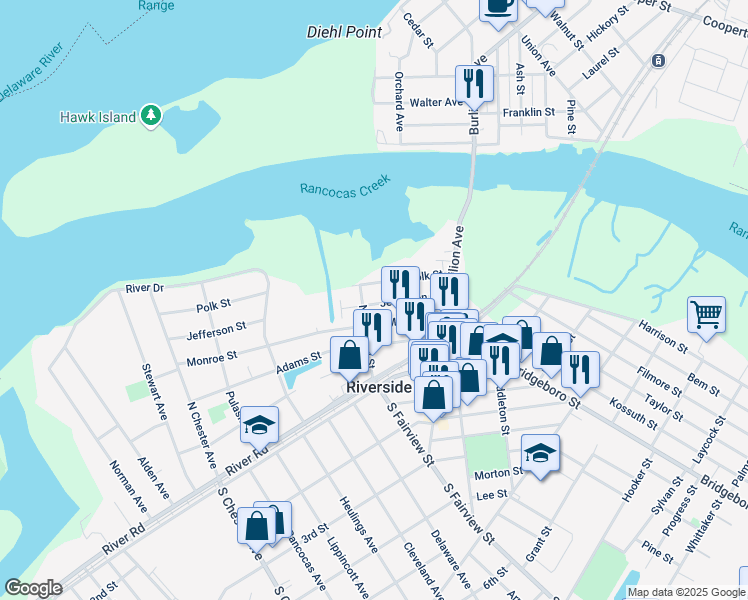 map of restaurants, bars, coffee shops, grocery stores, and more near 127 Jefferson Street in Riverside
