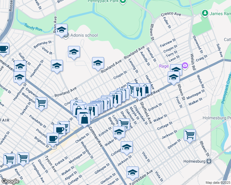 map of restaurants, bars, coffee shops, grocery stores, and more near 3502 Oakmont Street in Philadelphia
