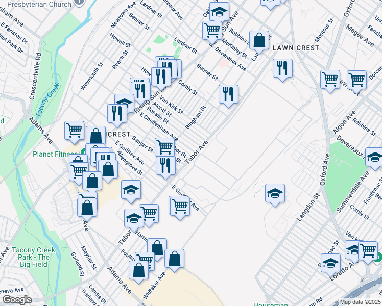 map of restaurants, bars, coffee shops, grocery stores, and more near 646 East Cheltenham Avenue in Philadelphia
