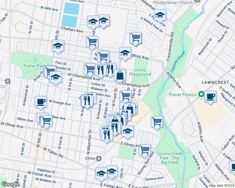 map of restaurants, bars, coffee shops, grocery stores, and more near 5911 North Front Street in Philadelphia