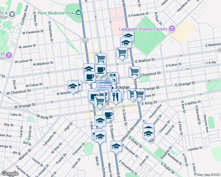 map of restaurants, bars, coffee shops, grocery stores, and more near 101 North Queen Street in Lancaster