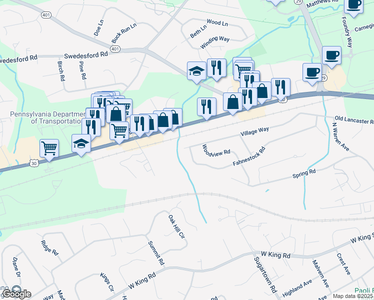 map of restaurants, bars, coffee shops, grocery stores, and more near 92 Village Way in Malvern