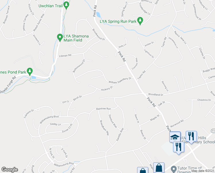 map of restaurants, bars, coffee shops, grocery stores, and more near 102 Hickory Drive in Downingtown