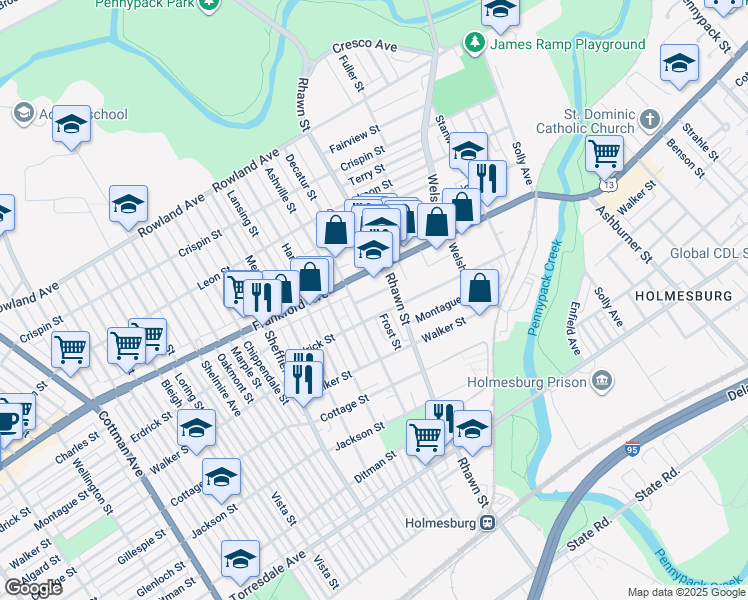 map of restaurants, bars, coffee shops, grocery stores, and more near 7919 Charles Street in Philadelphia