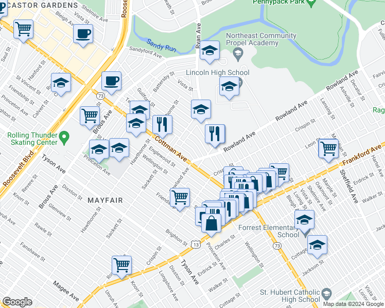 map of restaurants, bars, coffee shops, grocery stores, and more near 3250 Teesdale Street in Philadelphia