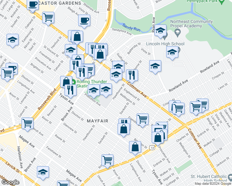 map of restaurants, bars, coffee shops, grocery stores, and more near in Philadelphia