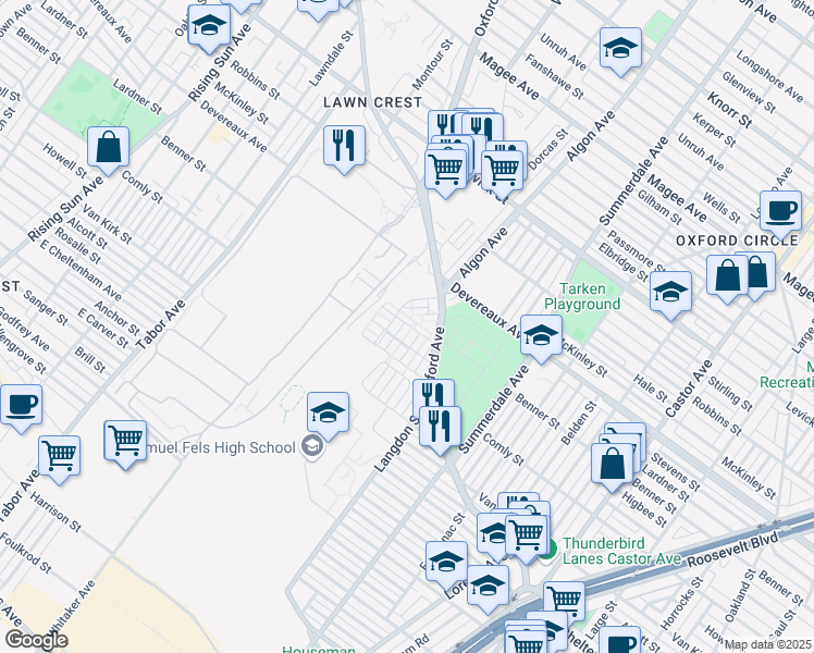 map of restaurants, bars, coffee shops, grocery stores, and more near 6015 Lovatt Terrace in Philadelphia