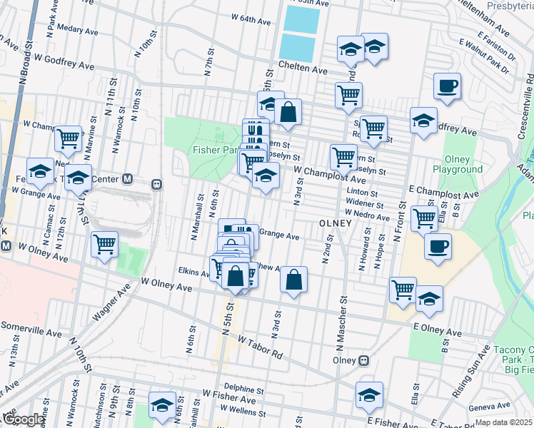 map of restaurants, bars, coffee shops, grocery stores, and more near 5835 North Lawrence Street in Philadelphia